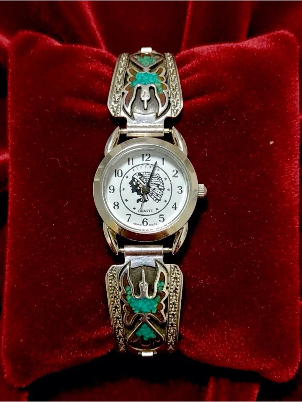 Silver Indian Head Watch Sterling Navajo Turquoise/Coral Thunderbird Band